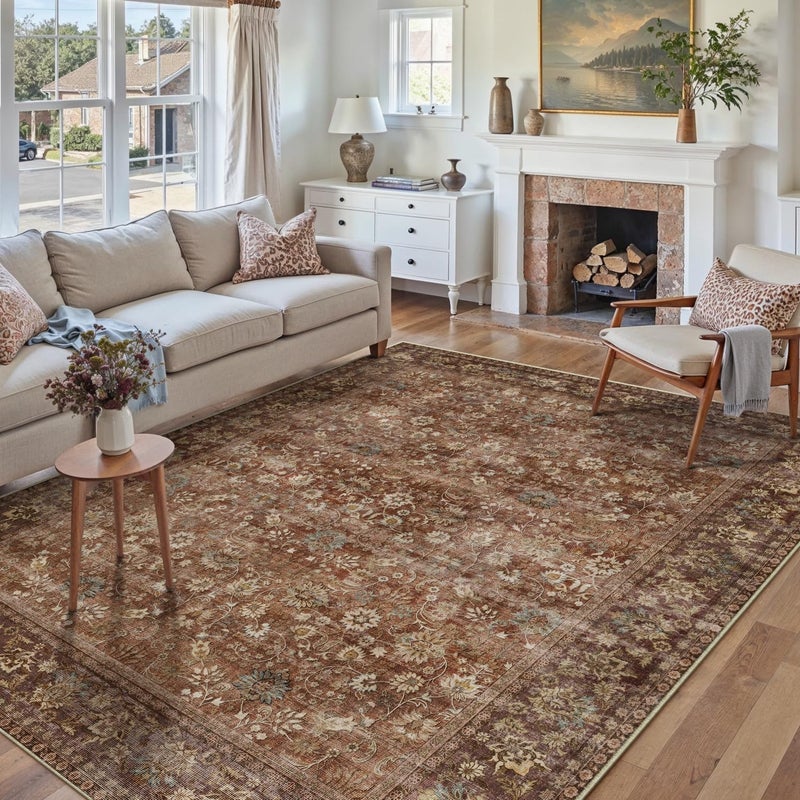 HUGEAR 6x9 Machine Washable Rugs Brick Red Hallway Large Area Rug Indoor Accent Rug Floral Low Pile Carpet Soft Throw Aesthetic Rug Bedroom Living Room Office Dining Room Kitchen Laundry Room - Image 3