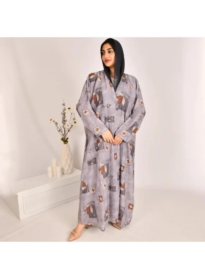 lamha abaya Double-faced wrap abaya in gray, made of chiffon fabric decorated with plain patterns