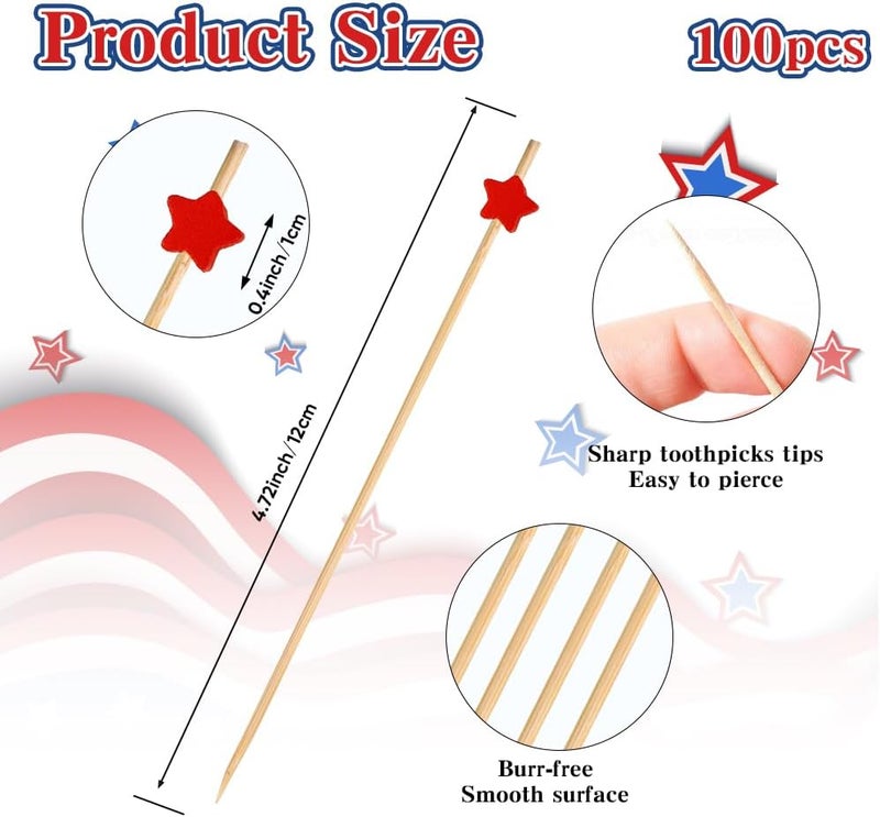 Leislam 4th of July Toothpicks, 100 PCS Red White and Blue Star Toothpicks for Appetizers, Bamboo Food Sandwich Skewers Drinks Patriotic Cocktail Picks for Fourth of July Independence Day Party Decorations - Image 2
