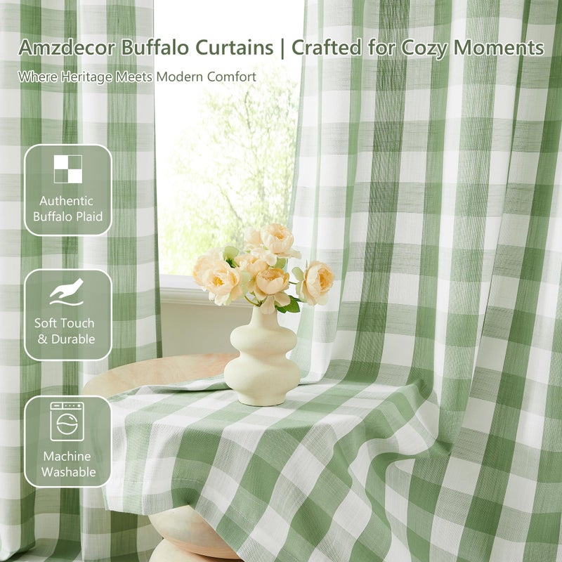 Amzdecor Buffalo Plaid Grommet Curtains 84 Inch Length, Green Semi-Sheer Gingham Check Farmhouse Rustic Textured Curtains Drapery for Living Room Bedroom,2 Panels ï¼ˆ40" x 84",Green & Whiteï¼‰ - Image 2