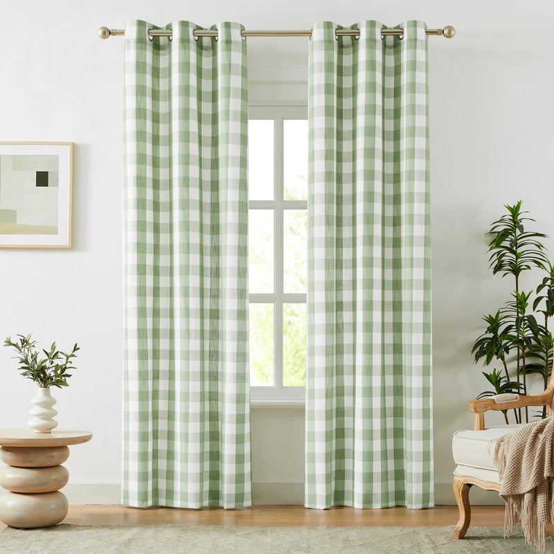 Amzdecor Buffalo Plaid Grommet Curtains 84 Inch Length, Green Semi-Sheer Gingham Check Farmhouse Rustic Textured Curtains Drapery for Living Room Bedroom,2 Panels ï¼ˆ40" x 84",Green & Whiteï¼‰ - Image 1