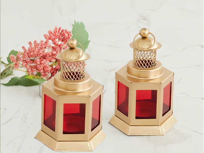 AURA DECOR Auradecor Moroccan Lantern, Tealight Candle Holder with Tealight Candle for Home Decor Home Decor and Gift, Diwali, Festival, Indoor & Outdoor Use (Red, Pack of 2) - Image 1