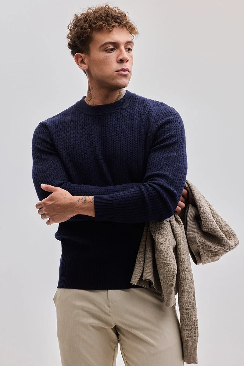سنيتش Navy Textured Long Sleeve Regular Fit Casual Sweater