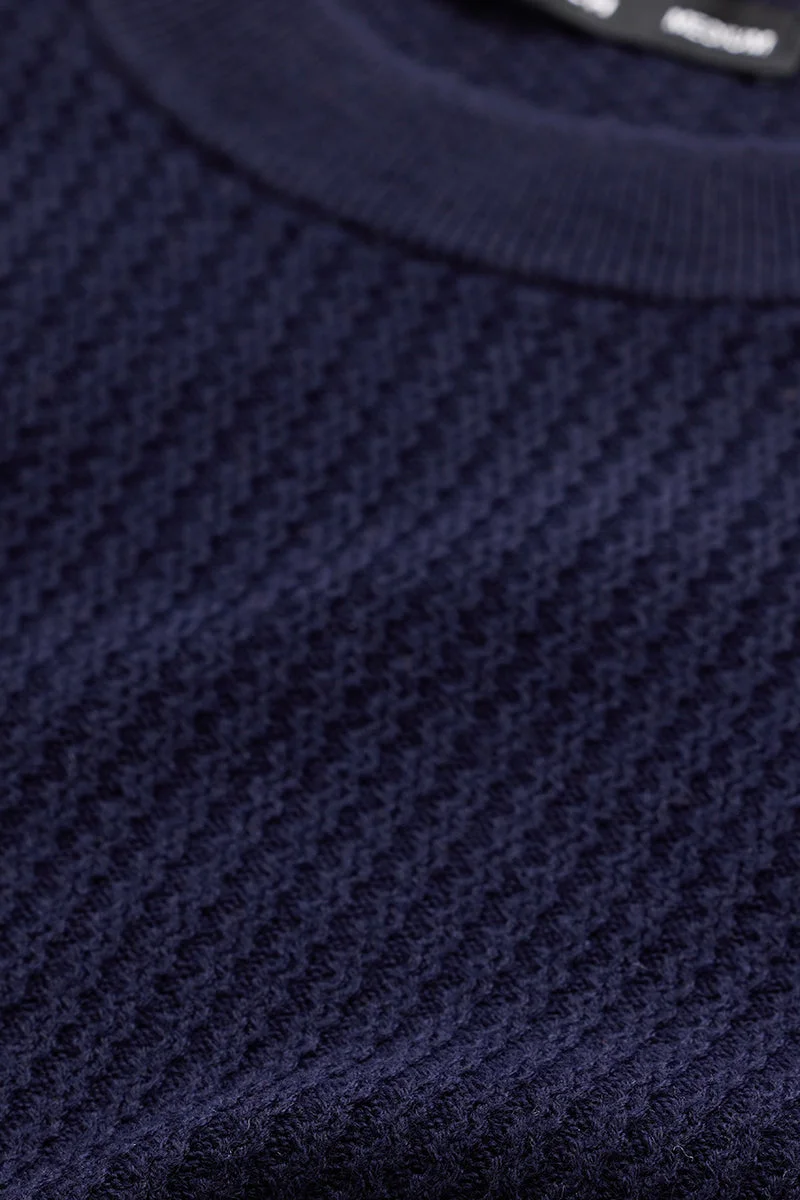 سنيتش Navy Textured Long Sleeve Regular Fit Casual Sweater