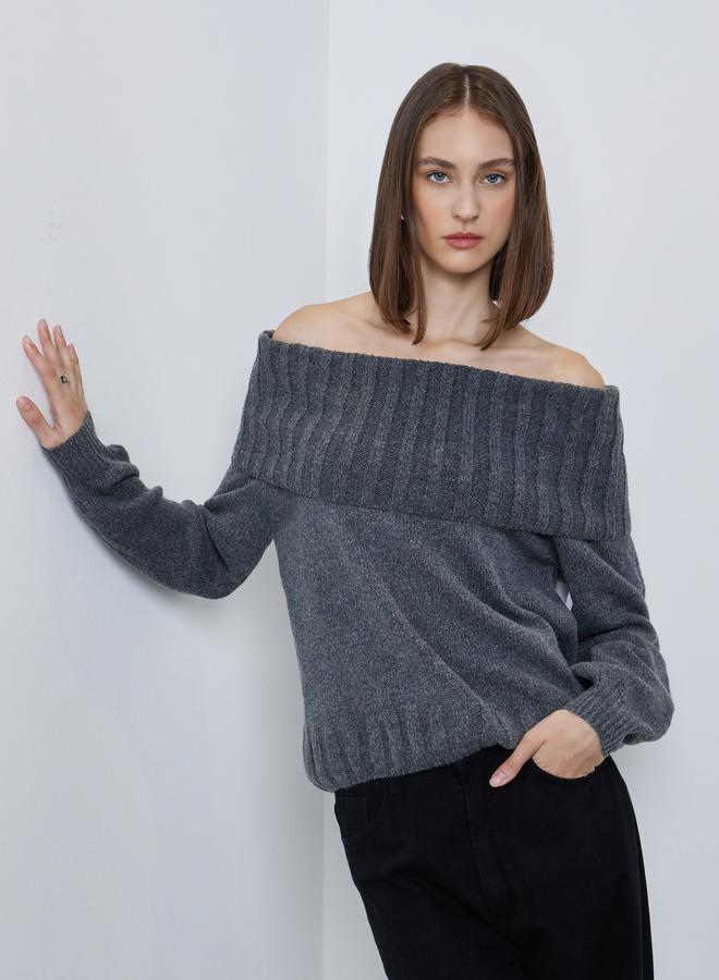 Styli Grey Regular Fit Off Shoulder Flat Knit Sweater - Image 3