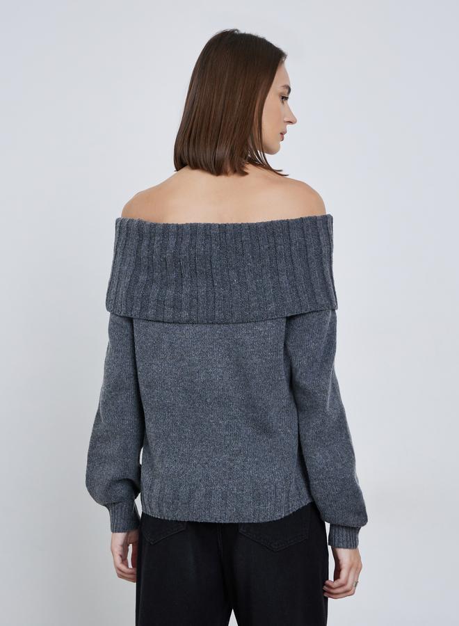 Styli Grey Regular Fit Off Shoulder Flat Knit Sweater - Image 4
