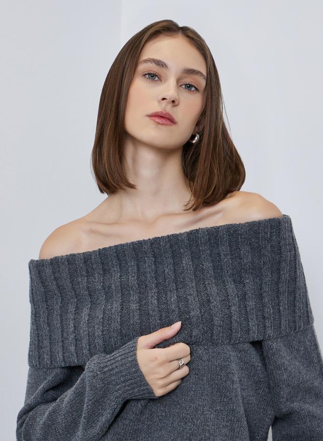 Styli Grey Regular Fit Off Shoulder Flat Knit Sweater - Image 1