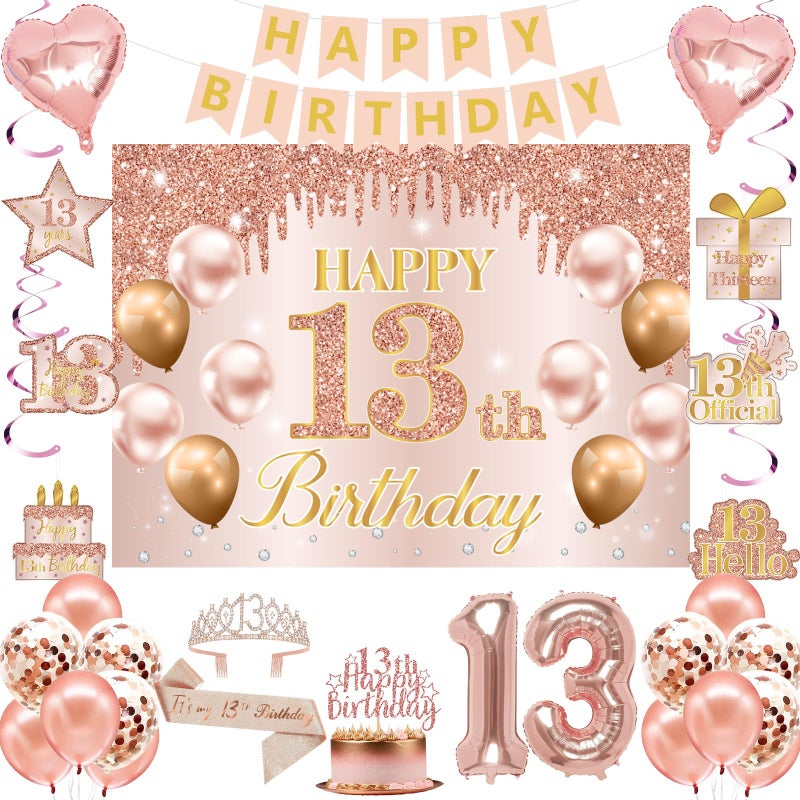 RTHPY 13th Birthday Decorations for Girls, It's My 13th Birthday Crown and Sash Pink Rose Gold 13th Threenager Cake Topper Banner Backdrop Balloons Hanging Swirls Happy 13 Years Old Party Supplies - Image 1