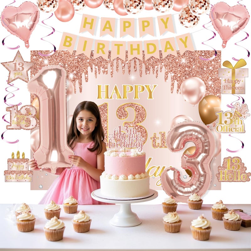 RTHPY 13th Birthday Decorations for Girls, It's My 13th Birthday Crown and Sash Pink Rose Gold 13th Threenager Cake Topper Banner Backdrop Balloons Hanging Swirls Happy 13 Years Old Party Supplies - Image 4