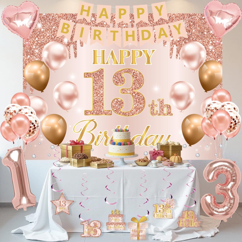 RTHPY 13th Birthday Decorations for Girls, It's My 13th Birthday Crown and Sash Pink Rose Gold 13th Threenager Cake Topper Banner Backdrop Balloons Hanging Swirls Happy 13 Years Old Party Supplies - Image 5