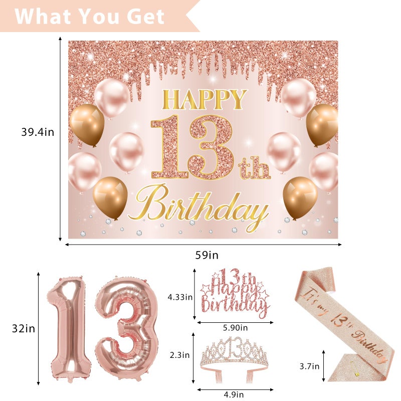 RTHPY 13th Birthday Decorations for Girls, It's My 13th Birthday Crown and Sash Pink Rose Gold 13th Threenager Cake Topper Banner Backdrop Balloons Hanging Swirls Happy 13 Years Old Party Supplies - Image 3