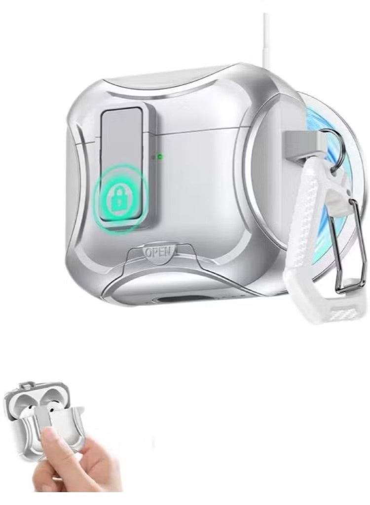 Protective case for AirPods Pro 3, equipped with a magnetic stand design and anti-drop lock function. AirPods Pro 3 supports wireless charging and comes with a metal buckle. Silver - Image 1