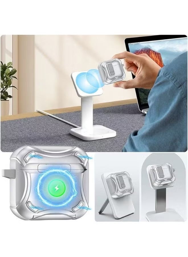 Protective case for AirPods Pro 3, equipped with a magnetic stand design and anti-drop lock function. AirPods Pro 3 supports wireless charging and comes with a metal buckle. Silver - Image 3