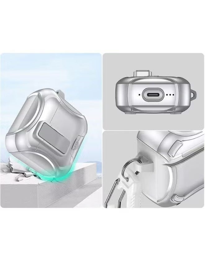 Protective case for AirPods Pro 3, equipped with a magnetic stand design and anti-drop lock function. AirPods Pro 3 supports wireless charging and comes with a metal buckle. Silver - Image 4