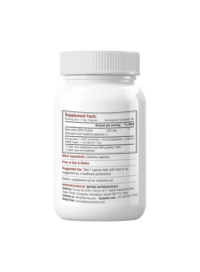 Biotrex Nutraceuticals Quercetin 525 mg Supplement With 95% High Purity Grade, Supports Joint & Cardiovascular Health - 30 Vegetarian Capsules - Image 2