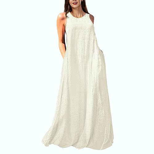 Mingyuezai Women's Sleeveless Linen Maxi Dress Casual Long Dresses with Pockets(Z3019WH,2XL) - Image 1