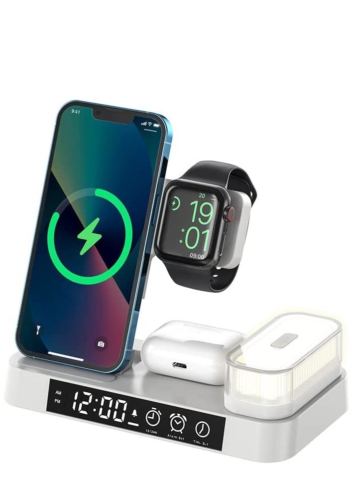 general Wireless Charging Station with Alarm Clock LED Night Light 4 in 1 Fast Wireless Charger for iPhone 14/13/12/11/Pro/Max/XS/XR Wireless Charging Stand Dock for Apple Watch (White) - Image 1
