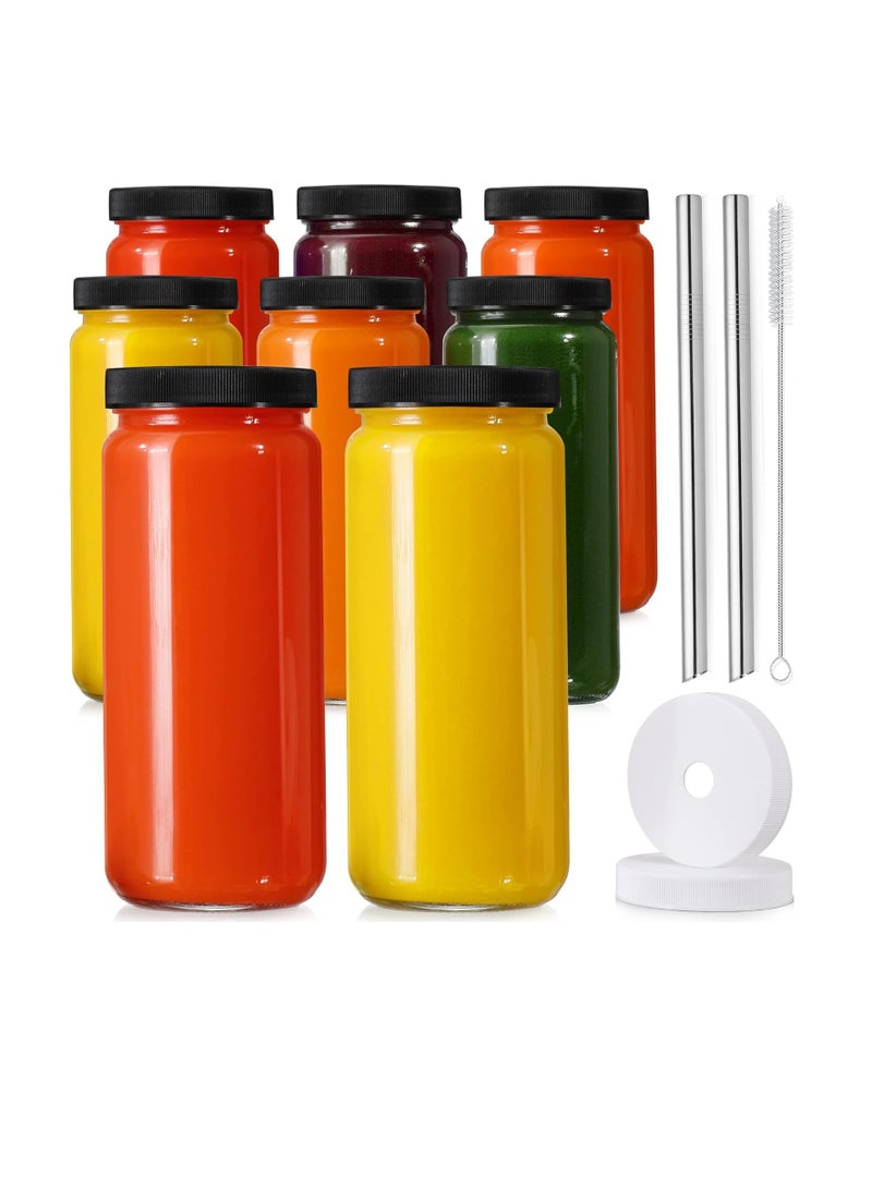 Aozita [ 8 Pack ] Glass Juicing Bottles with 2 Straws & 2 Lids w Hole- 16 OZ Travel Drinking Jars, Water Cups with Black Airtight Lids, Reusable Tall Mason Jar for Juice, Bubble Tea, Smoothie, Tea, Kombucha  - Image 1