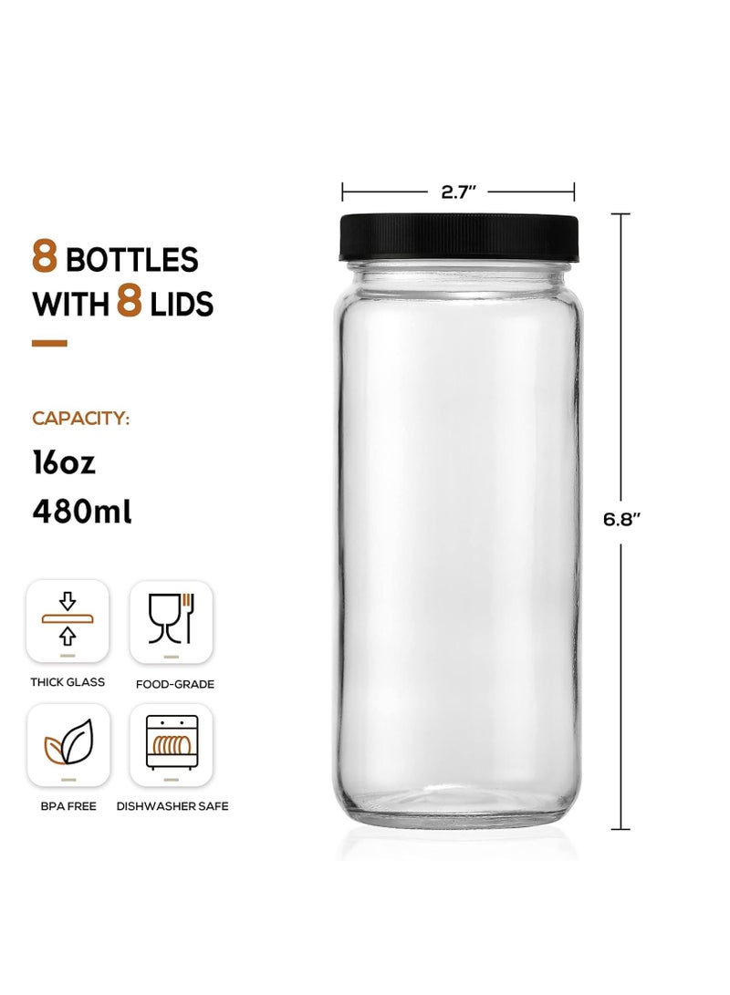 Aozita [ 8 Pack ] Glass Juicing Bottles with 2 Straws & 2 Lids w Hole- 16 OZ Travel Drinking Jars, Water Cups with Black Airtight Lids, Reusable Tall Mason Jar for Juice, Bubble Tea, Smoothie, Tea, Kombucha  - Image 5