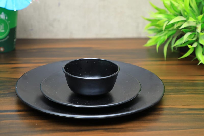 ECOSPIT CONTAINER Black Regular Melamine Dinner Set Plates and Bowls Dinner Set Full Plates Small Plates with katoris Regular Black Design Pack of 3 - Image 1