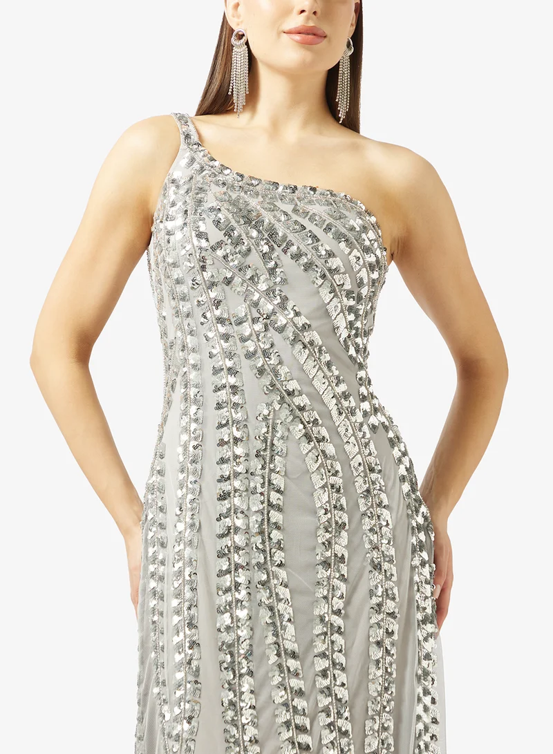 Namshi x One Shoulder Beaded Embellished A Line Gown