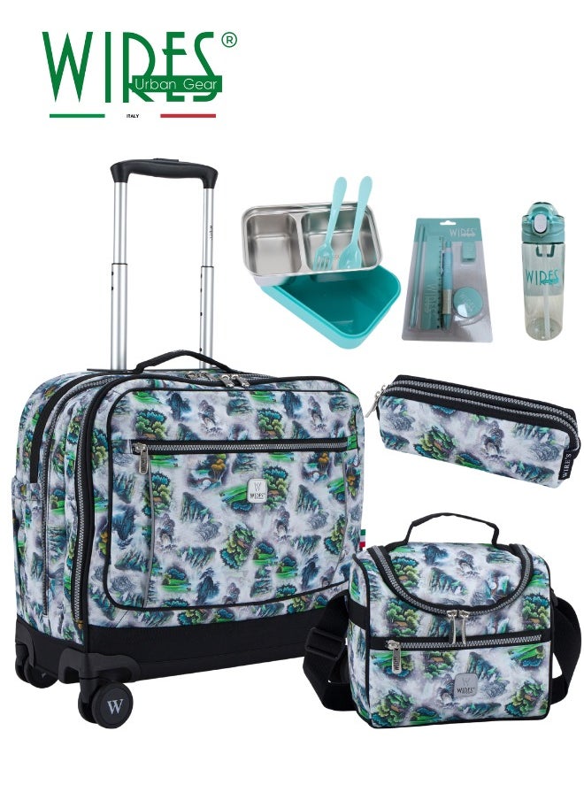 Wires 3 Piece Kids School Trolley Bag laptop compartment 8 Wheels With Lunch bag & Pencil Case  - Image 1