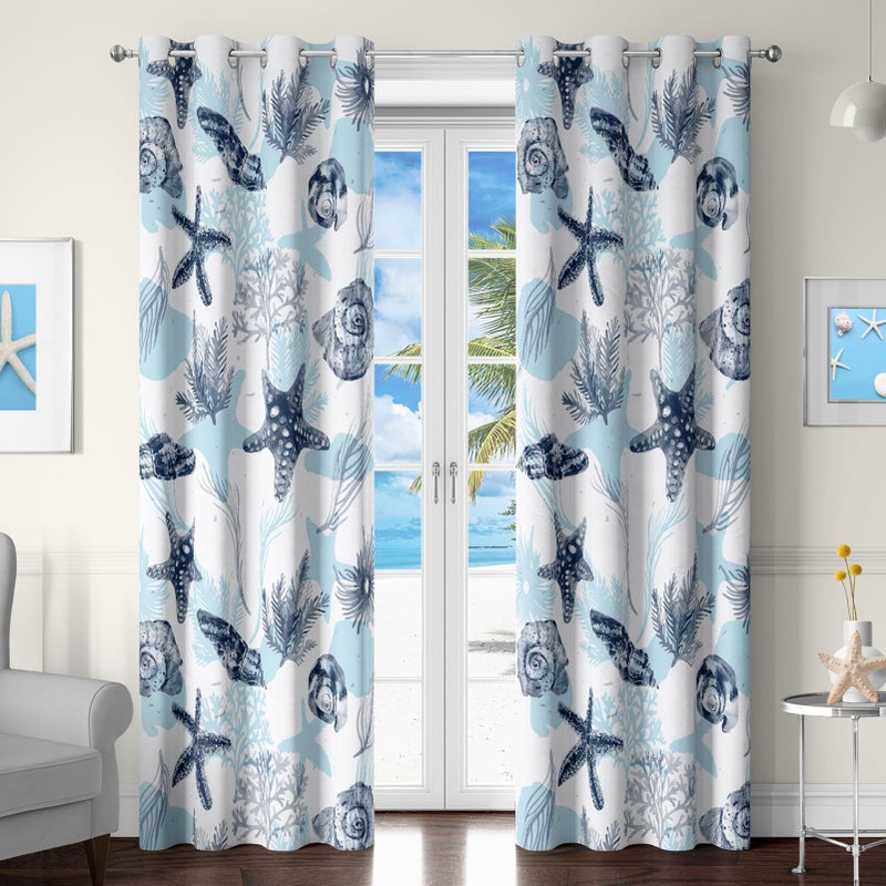 Qahing Coastal Nautical Curtains Blue and White Beach Sea Starfish Seashell 50 Light Blocking Curtains Ocean Theme Coral Print Window Drapes Decor for Living Room Bedroom Nursery 2 Panels 52x96 Inches 