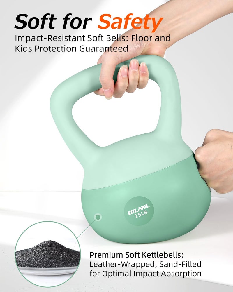 DILANL Soft Kettlebell, Safe Strength Training Kettle bell, Cushioned Impact-Resistant Base and Anti-Slip Grip Weight, Kettlebells Set for Home Workouts and Men/Women/ Beginners,With Non-slip Gloves (Green, 15 LB) - Image 2