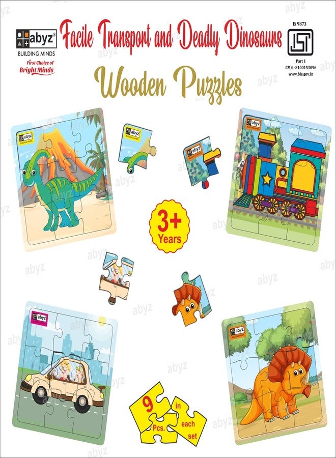 ABYZ Wooden Jigsaw Puzzle - Dinosaur and Transport Playset for Fun Educational & Little Explorers, 9-Pieces & Set of 4 Multicolor | Birthday Gift for (3 Plus Years) Age Kids. - Image 4
