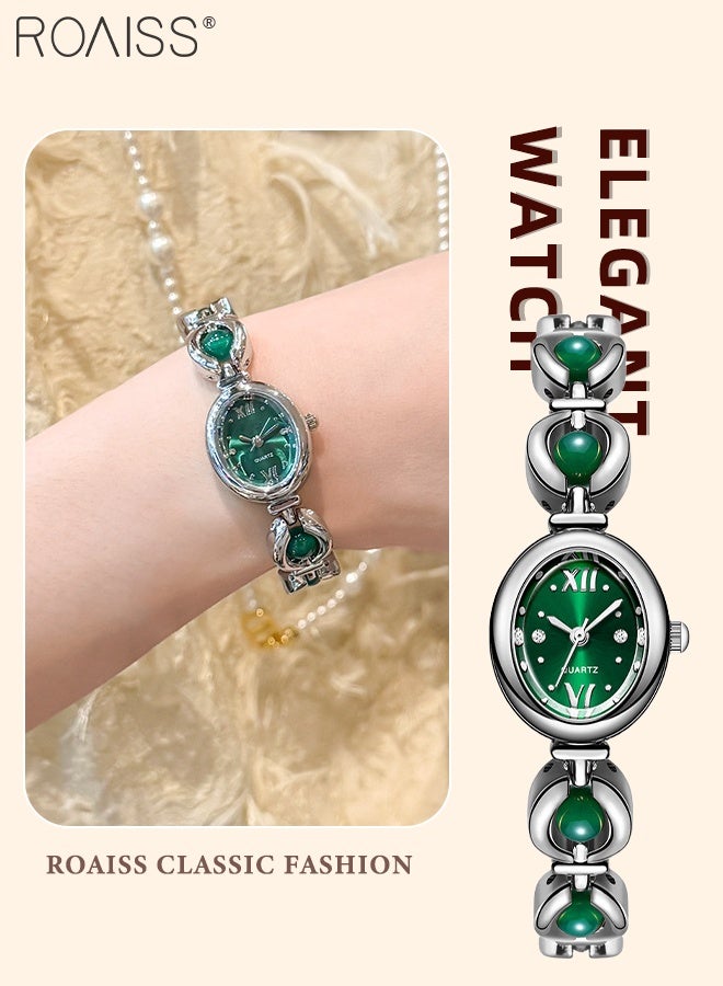 roaiss Women's Light Luxury Quartz Watch, Analog Display Oval Dial, Elegant Waterproof Wristwatch with Green Bead Bracelet as Gift for Ladies - Image 1