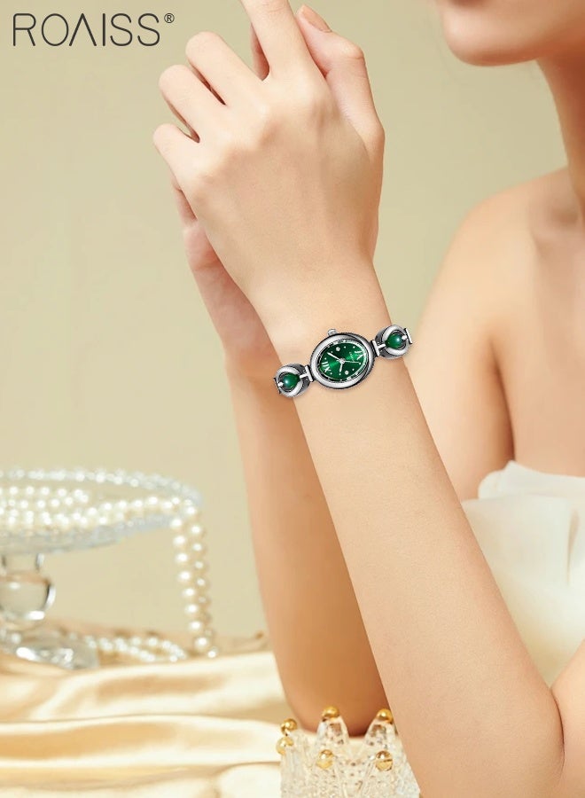 roaiss Women's Light Luxury Quartz Watch, Analog Display Oval Dial, Elegant Waterproof Wristwatch with Green Bead Bracelet as Gift for Ladies - Image 2