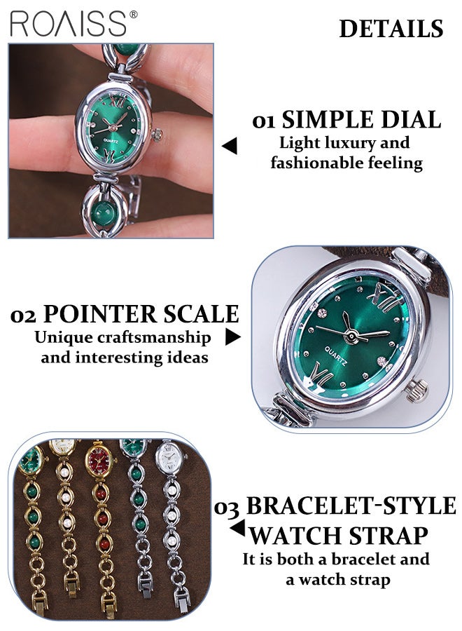roaiss Women's Light Luxury Quartz Watch, Analog Display Oval Dial, Elegant Waterproof Wristwatch with Green Bead Bracelet as Gift for Ladies - Image 5