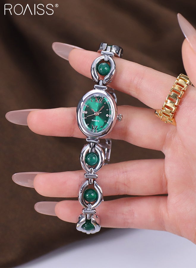 roaiss Women's Light Luxury Quartz Watch, Analog Display Oval Dial, Elegant Waterproof Wristwatch with Green Bead Bracelet as Gift for Ladies - Image 4