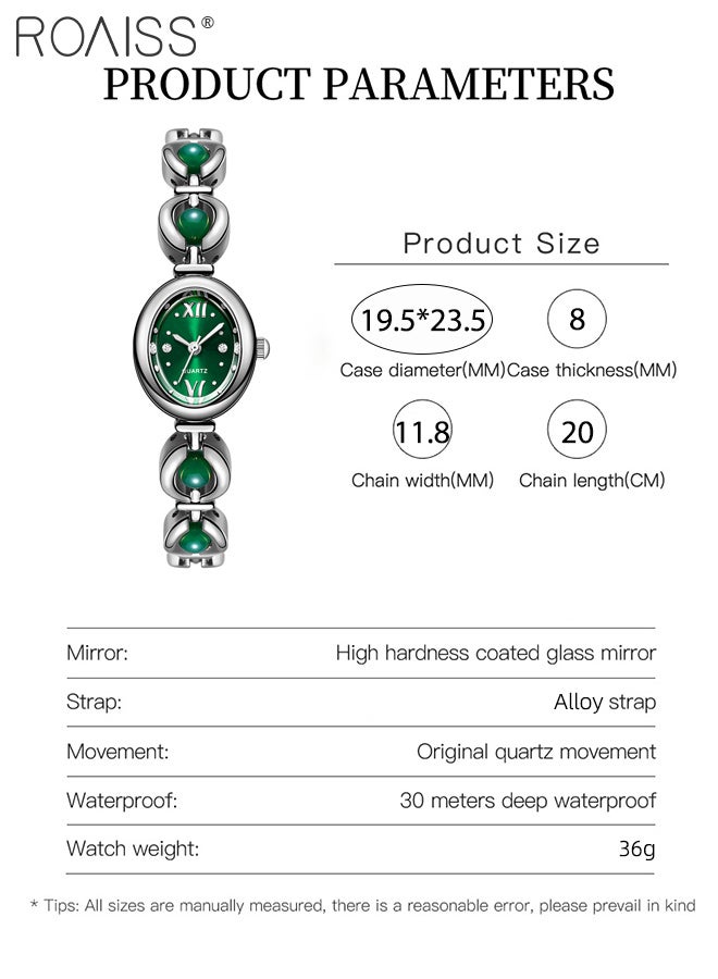 roaiss Women's Light Luxury Quartz Watch, Analog Display Oval Dial, Elegant Waterproof Wristwatch with Green Bead Bracelet as Gift for Ladies - Image 3