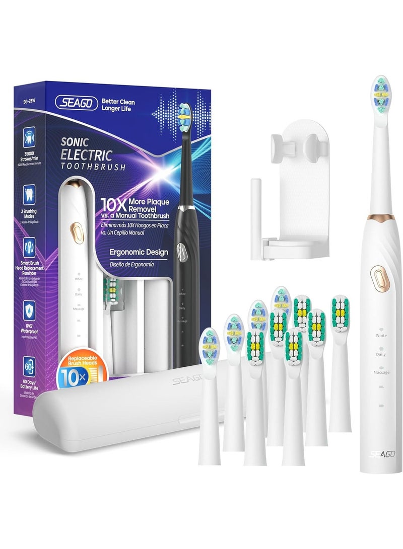 SEAGO Electric Toothbrush with 10 Brush Heads,Travel with Travel Case and Holder,Smart Timer for Adults,SG-2316 (White) - Image 1