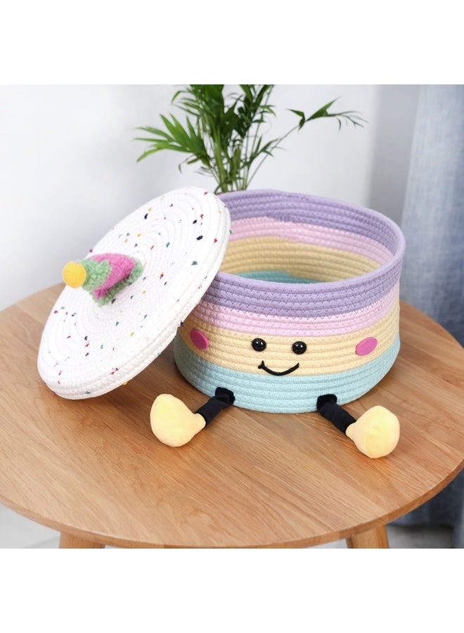 general Round cotton rope woven storage basket, cartoon storage basket with lid, suitable for desktop snacks, towels, sundries 10.24*10.24*6.69 inches - Image 2
