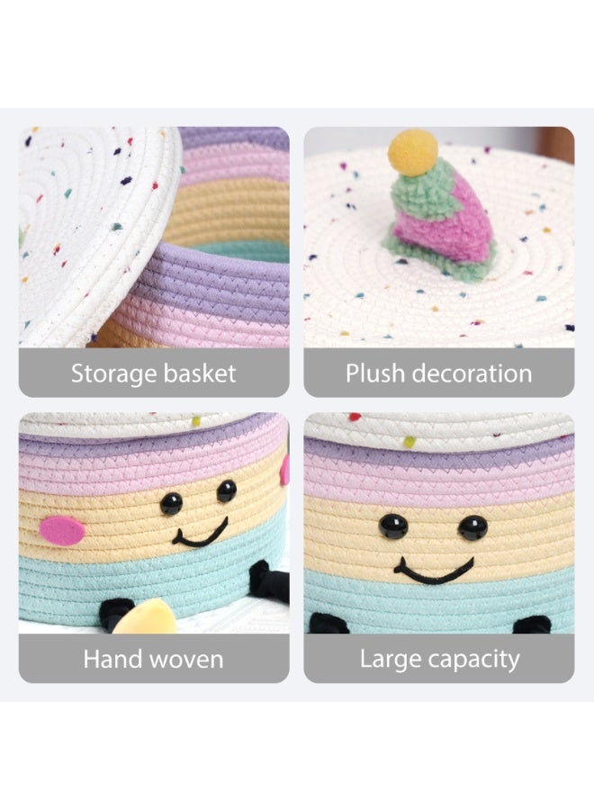general Round cotton rope woven storage basket, cartoon storage basket with lid, suitable for desktop snacks, towels, sundries 10.24*10.24*6.69 inches - Image 4