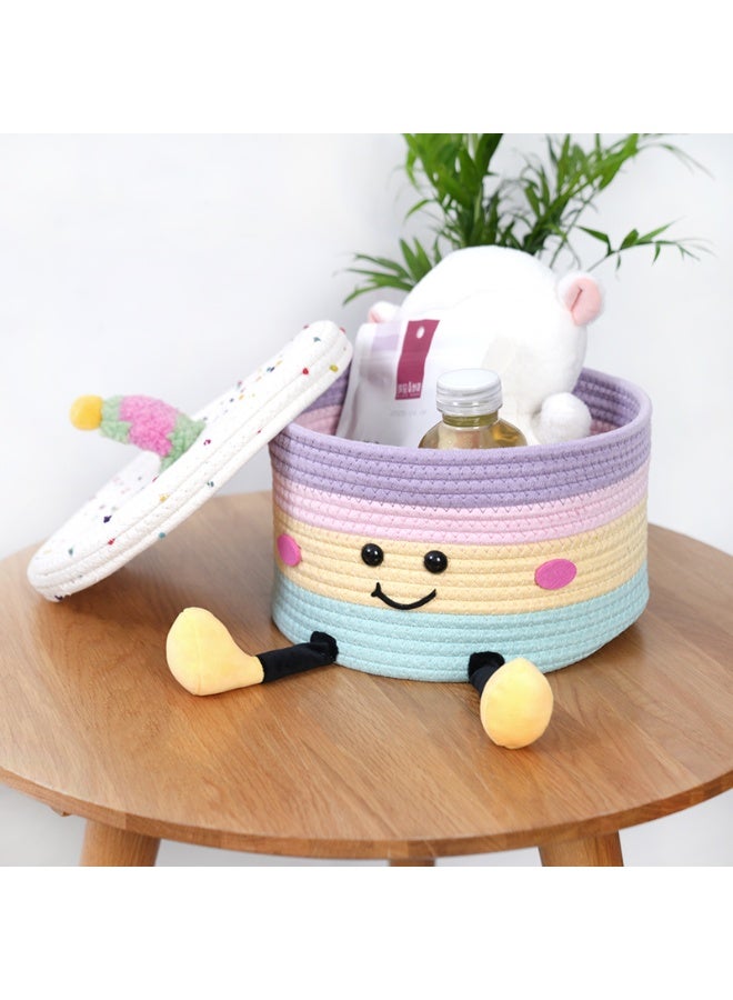 general Round cotton rope woven storage basket, cartoon storage basket with lid, suitable for desktop snacks, towels, sundries 10.24*10.24*6.69 inches - Image 5