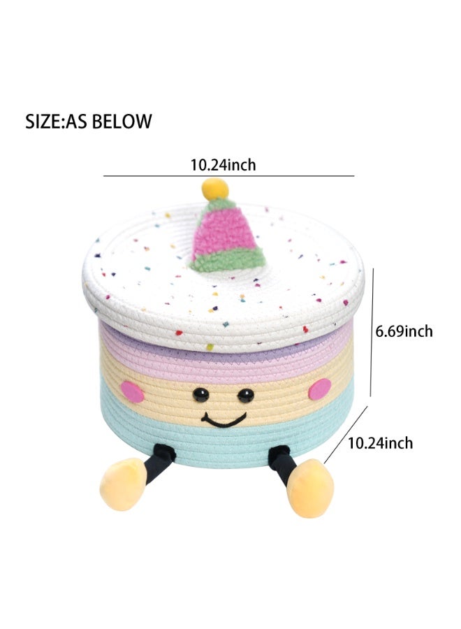 general Round cotton rope woven storage basket, cartoon storage basket with lid, suitable for desktop snacks, towels, sundries 10.24*10.24*6.69 inches - Image 3