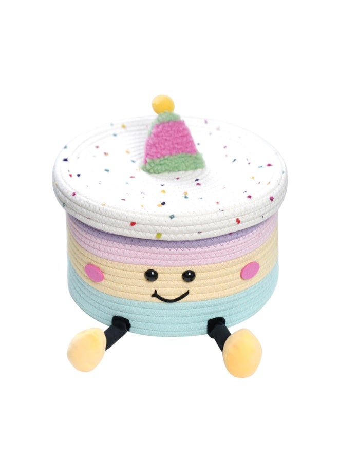 general Round cotton rope woven storage basket, cartoon storage basket with lid, suitable for desktop snacks, towels, sundries 10.24*10.24*6.69 inches - Image 1