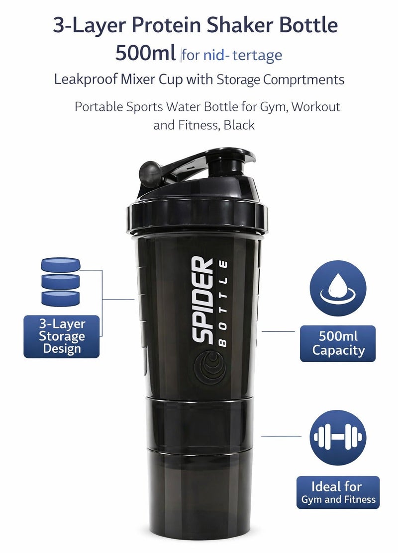 SPIDER 3-Layer Protein Shaker Bottle 500ml, Leakproof Sports Water Bottle with Storage Compartments for Protein Powder, Gym and Fitness - Image 3