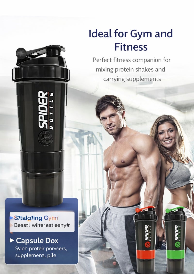 SPIDER 3-Layer Protein Shaker Bottle 500ml, Leakproof Sports Water Bottle with Storage Compartments for Protein Powder, Gym and Fitness - Image 5