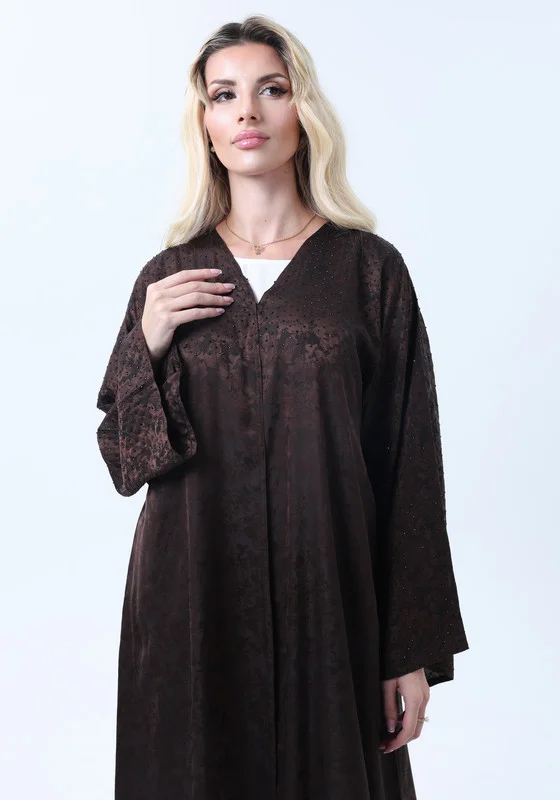 MSquare Fashion Brown Silk Floral Abaya with Rhinestones and Matching Sheila