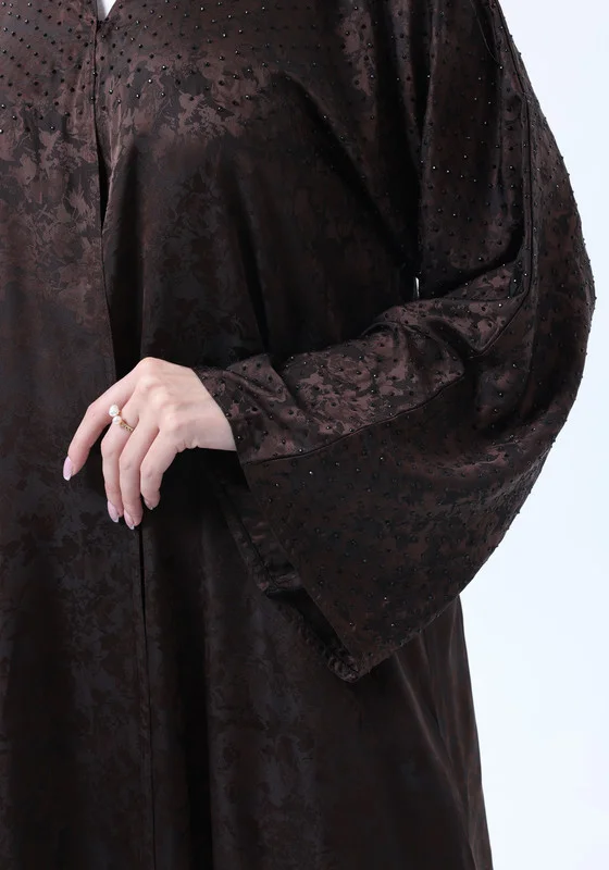 MSquare Fashion Brown Silk Floral Abaya with Rhinestones and Matching Sheila