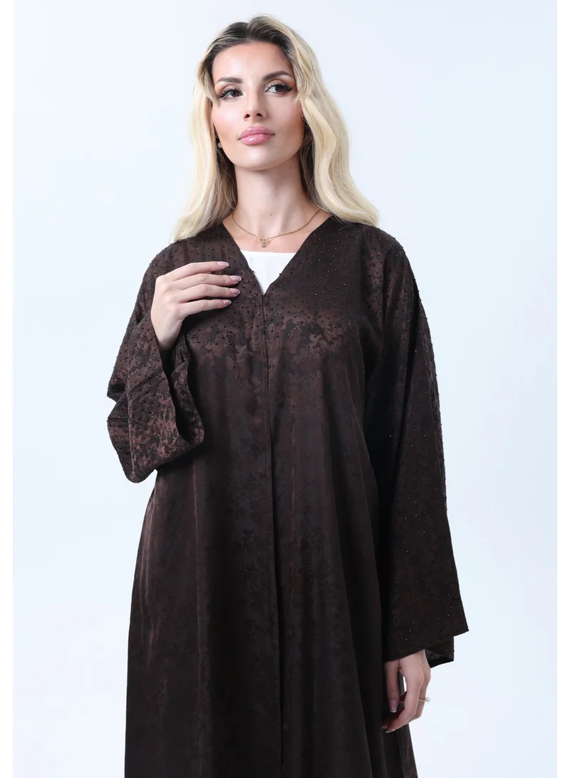 MSquare Fashion  Brown Silk Floral Abaya with Rhinestones and Matching Sheila for Women | Best Price UAE