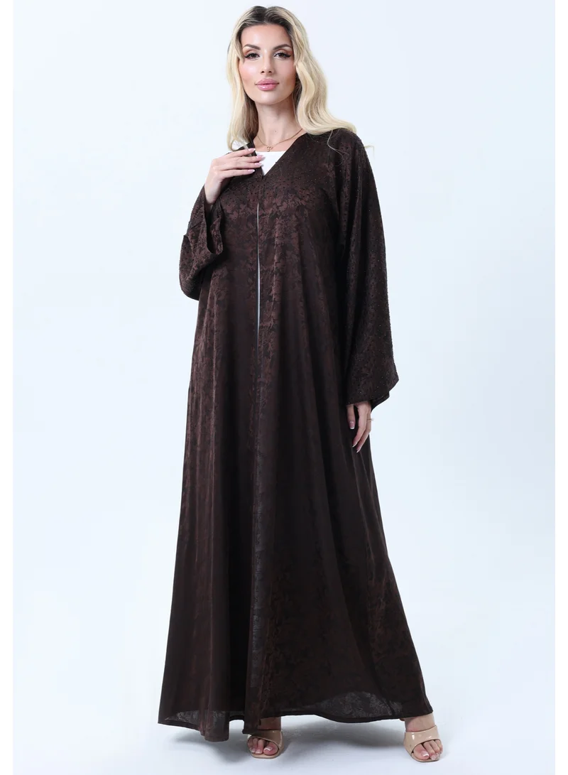 Brown Silk Floral Abaya with Rhinestones and Matching Sheila