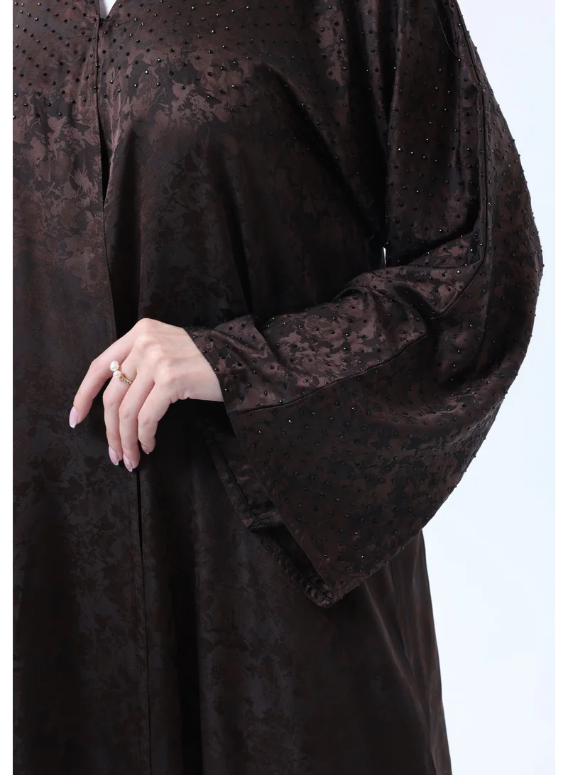MSquare Fashion  Brown Silk Floral Abaya with Rhinestones and Matching Sheila for Women | Best Price UAE
