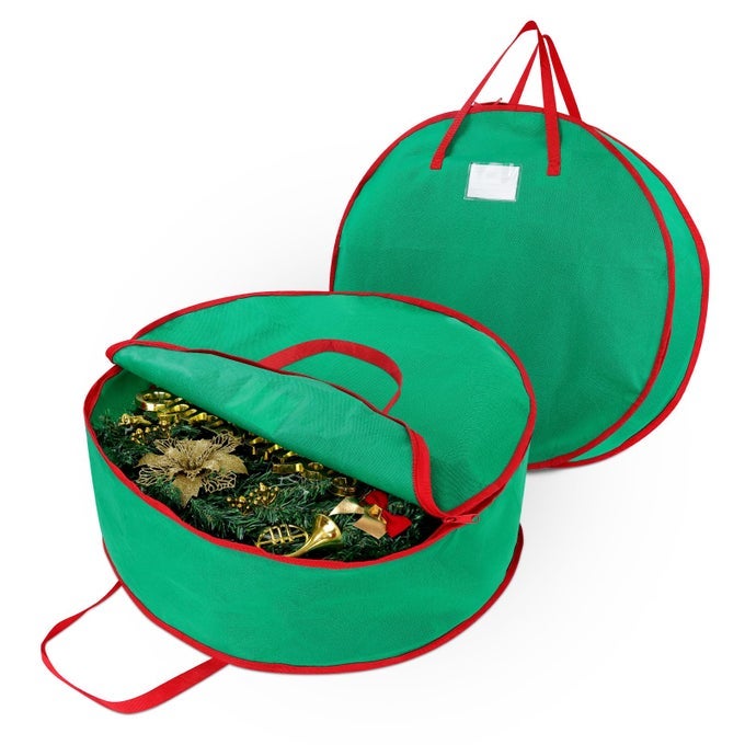 2 Pack Christmas Wreath Storage Container Bag 24 Card Slot Durable Handles and Double Zipper Storage Containers and to Protect Artificial Garland Green