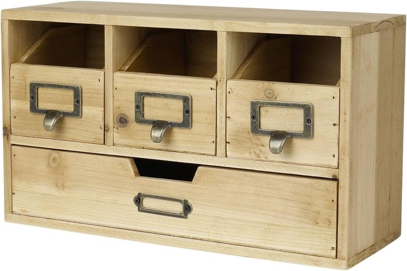 Flexzion Apothecary Cabinet with 4 Drawers - Vintage Natural Wood Desktop Organizer for Home & Office Supplies - Tabletop Wooden Storage for Catalog, Card, Jewelry, Makeup, Craft & Tools - Image 1