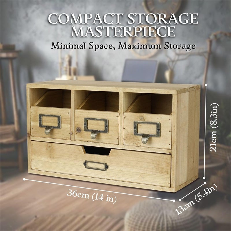 Flexzion Apothecary Cabinet with 4 Drawers - Vintage Natural Wood Desktop Organizer for Home & Office Supplies - Tabletop Wooden Storage for Catalog, Card, Jewelry, Makeup, Craft & Tools - Image 3